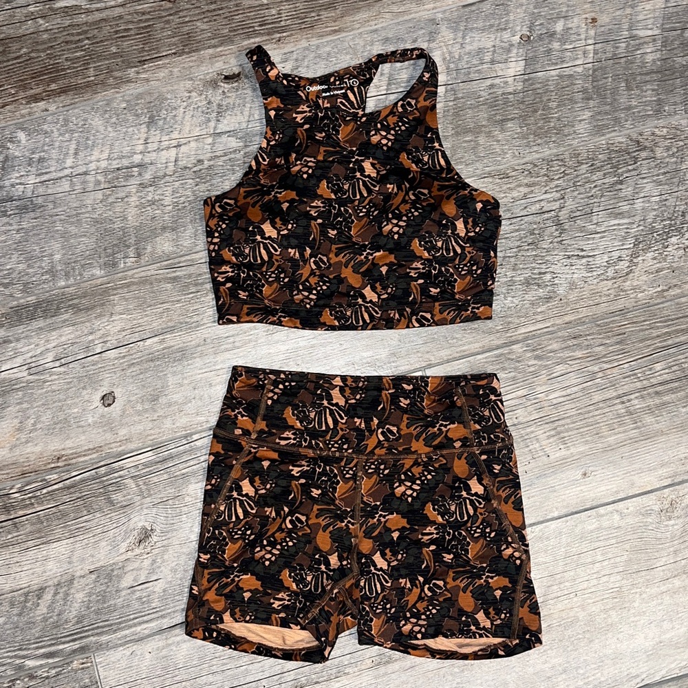 Outdoor Voices Brown/Black Patterned Sports Bra & short set